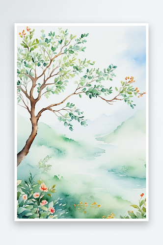 手绘风小清新水彩风格山水风景插画图片