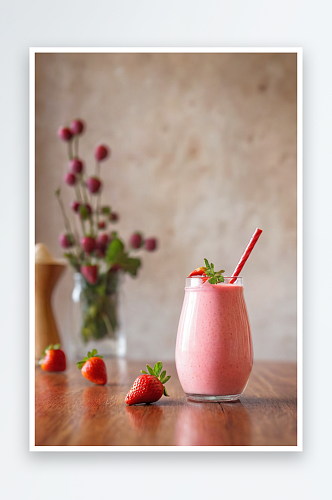 一杯新鲜草莓奶昔冰沙新鲜草莓放木桌上图片