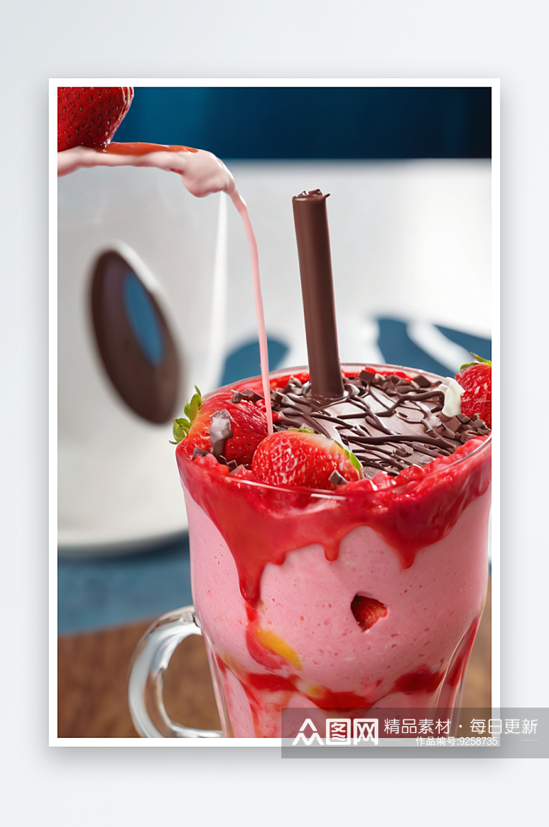 一杯粉红色草莓奶昔配碎冰水果巧克力酱糖果素材