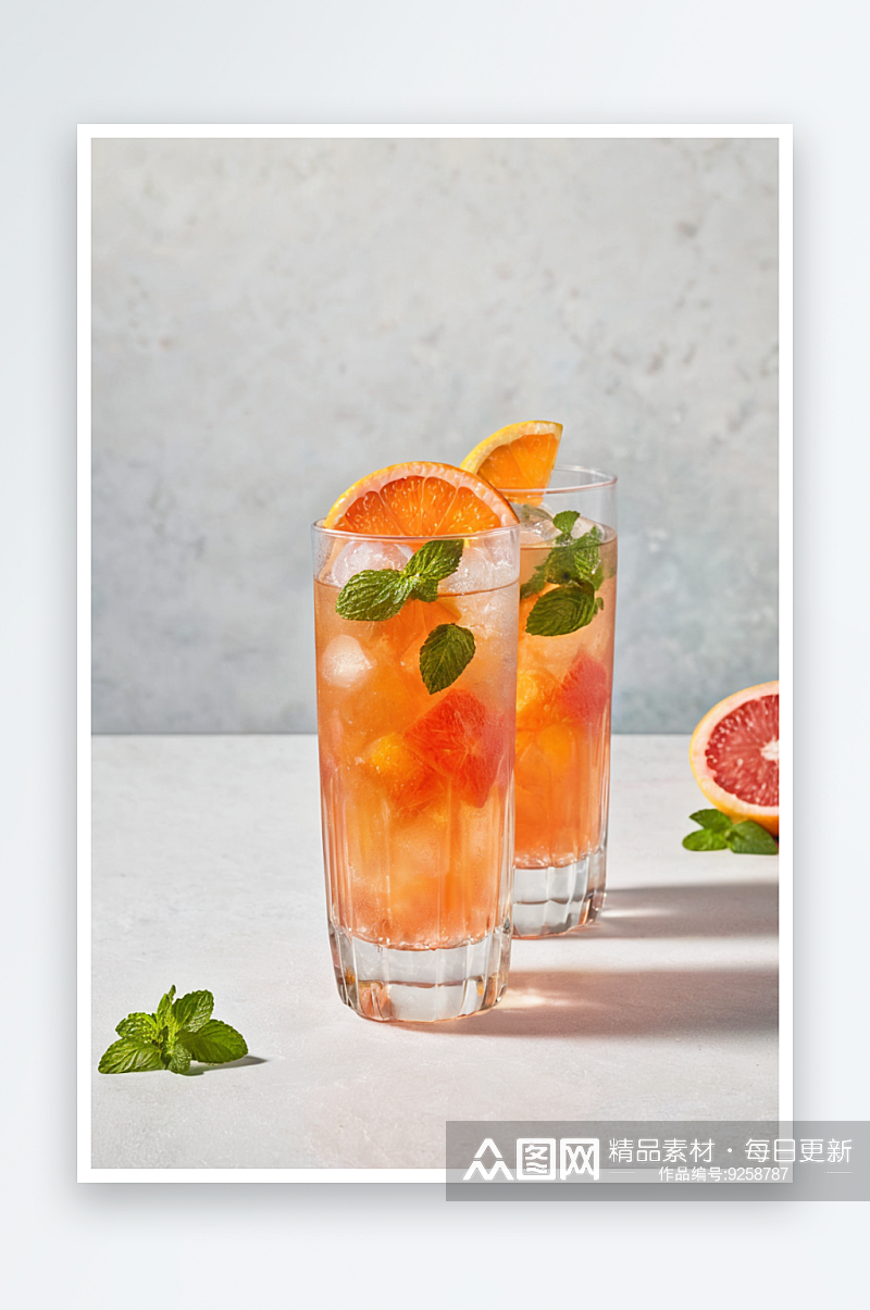 新鲜夏季鸡尾酒与柑橘橙子西柚薄荷冰块喝一素材