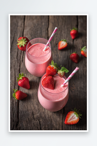 几杯草莓奶昔草莓放深色木头上图片