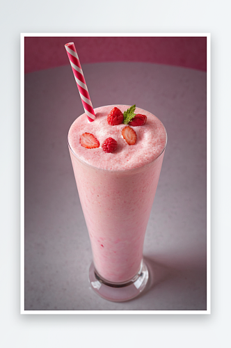 草莓奶昔冰沙红色白色条纹吸管粉色背景注意