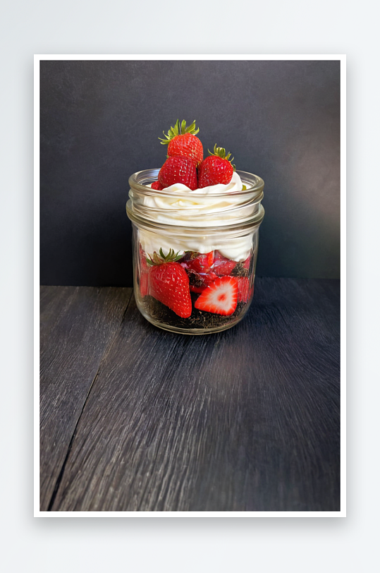 草莓加奶油甜点玻璃罐里黑色松木板上特写镜