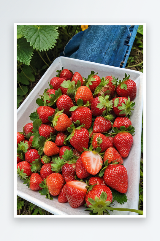 草莓果实红色自然底色带叶子草莓侧视图草莓