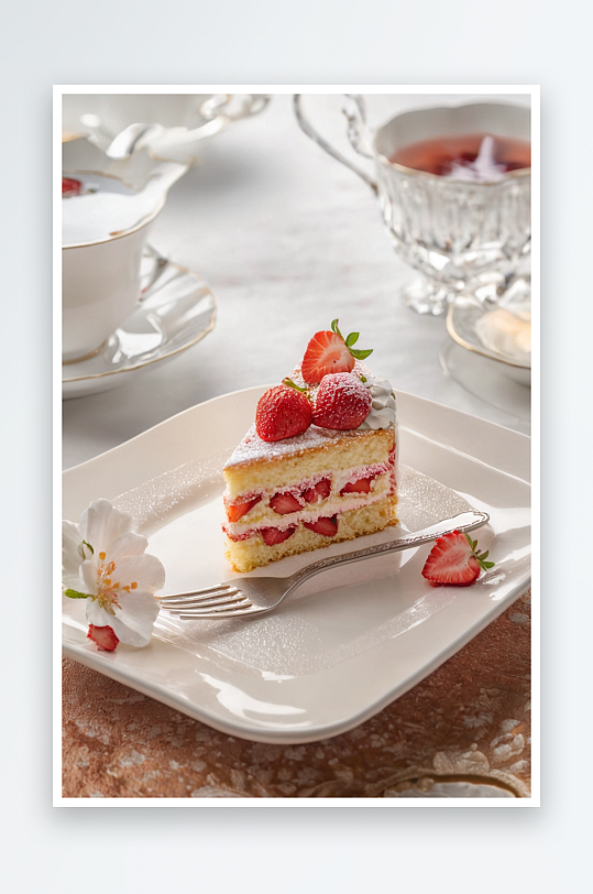 白色餐盘里切角草莓蛋糕特写下午茶甜品图片