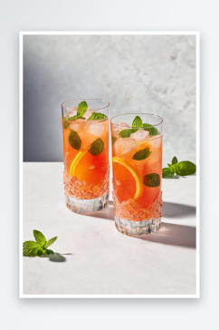 新鲜夏季鸡尾酒与柑橘橙子西柚薄荷冰块喝一