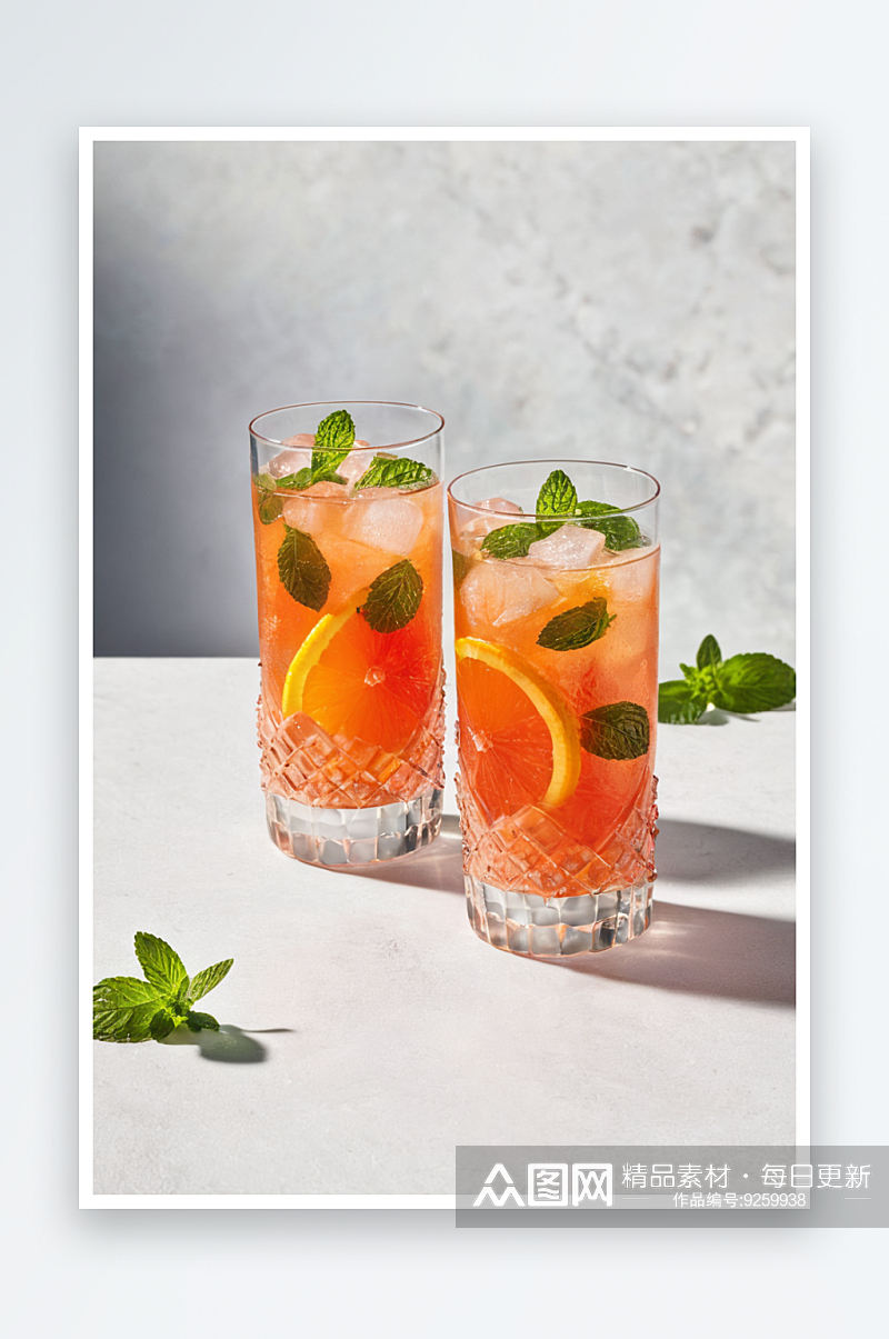 新鲜夏季鸡尾酒与柑橘橙子西柚薄荷冰块喝一素材
