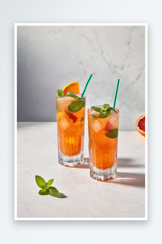 新鲜夏季鸡尾酒与柑橘橙子西柚薄荷冰块喝一