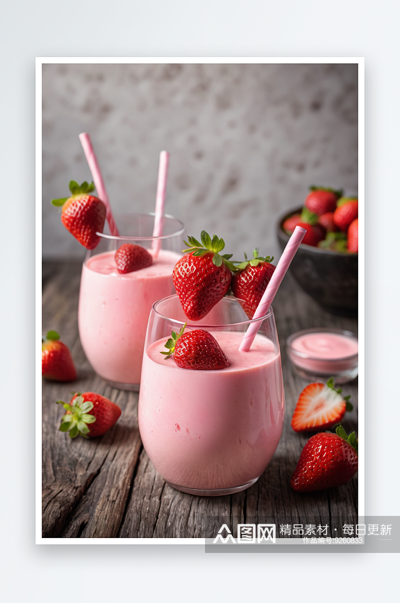 几杯草莓奶昔草莓放深色木头上图片素材