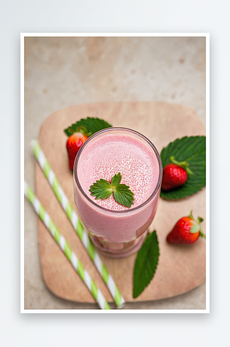 一杯新鲜草莓奶昔草莓冰沙配新鲜草莓图片