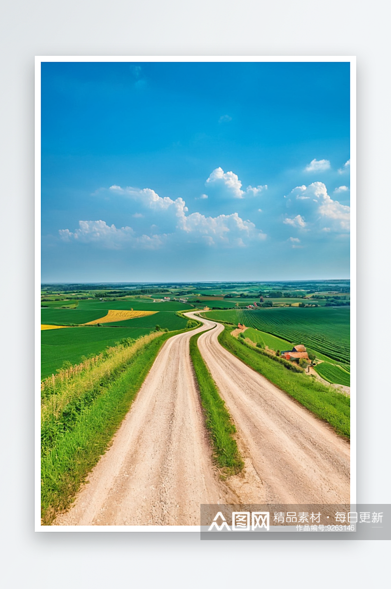 乡村景观与蜿蜒农场道路穿过田野图片素材