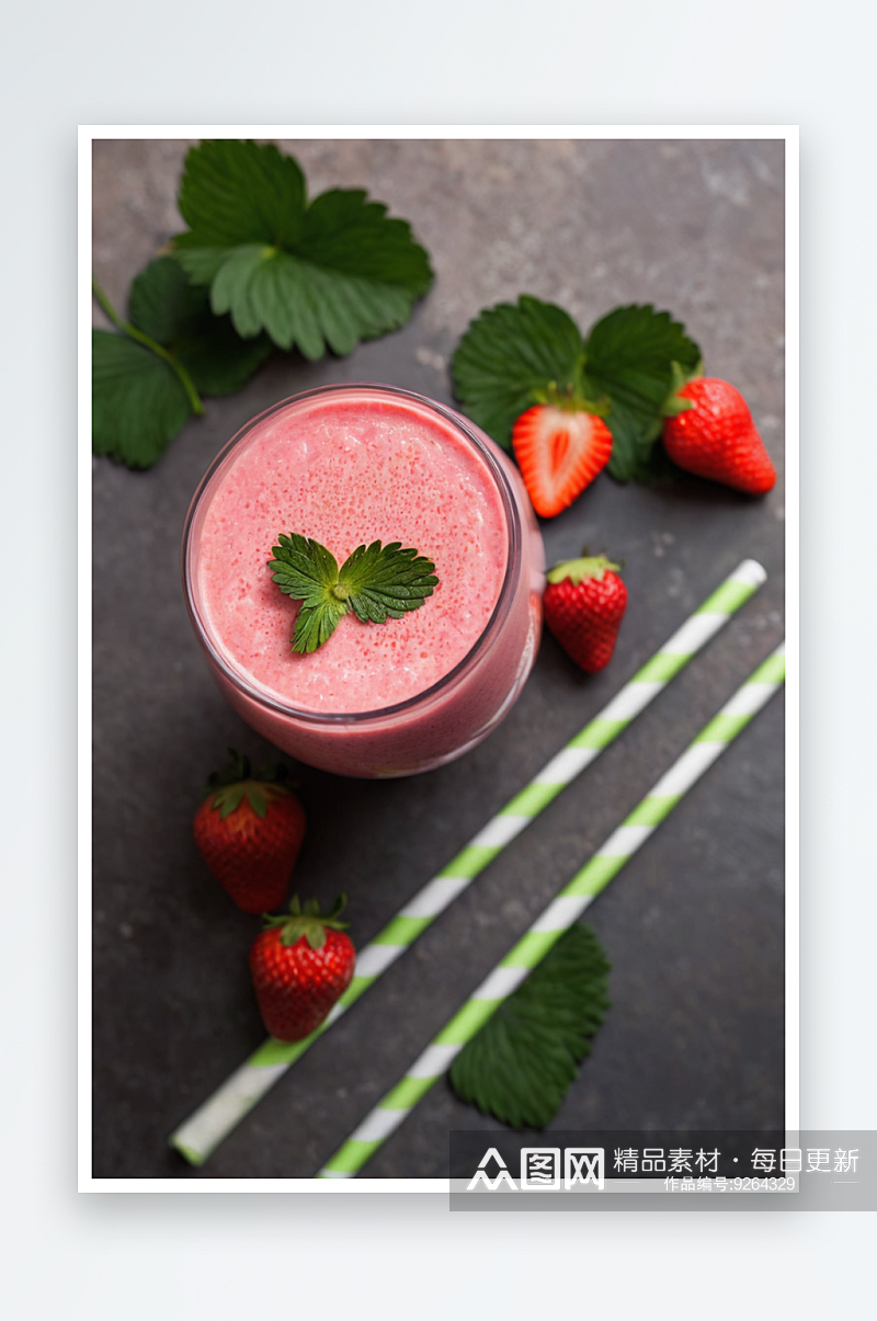 一杯新鲜草莓奶昔草莓冰沙配新鲜草莓图片素材