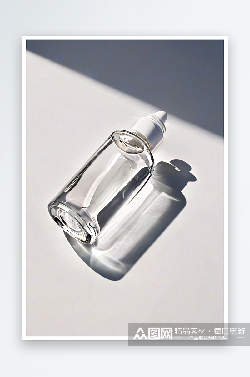 一个白色透明瓶子里面装着沐浴阳光下血清图素材