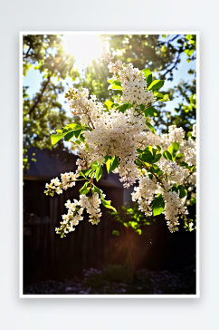阳光下盛开白色丁香花图片