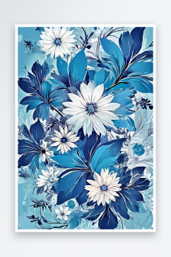 数码复古蓝色花卉装饰抽象图形海报背景图片