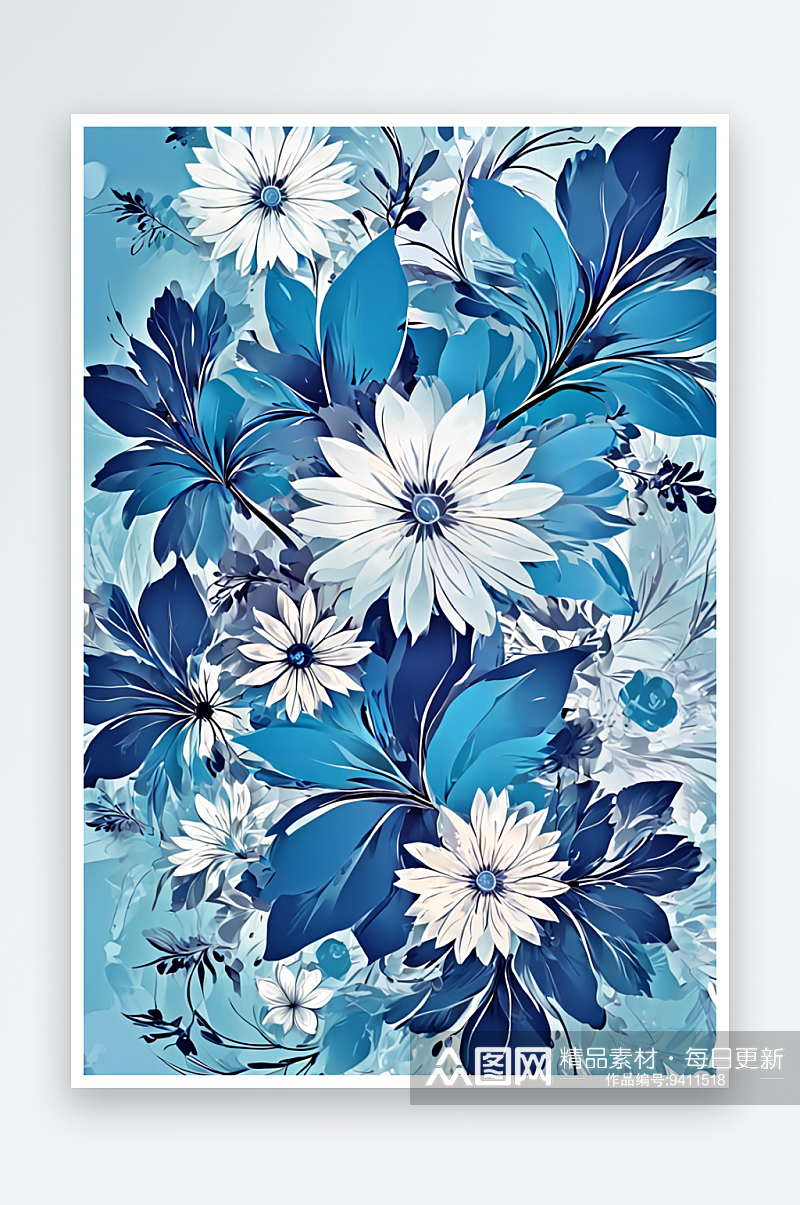 数码复古蓝色花卉装饰抽象图形海报背景图片素材