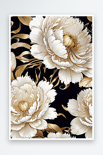 数码复古金色牡丹花卉装饰抽象图形海报背景