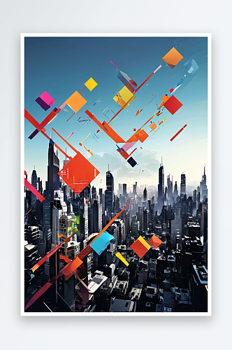 数码彩色方块城抽象图形海报背景图片
