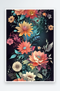 数码复古彩色复杂花卉装饰抽象图形海报背景