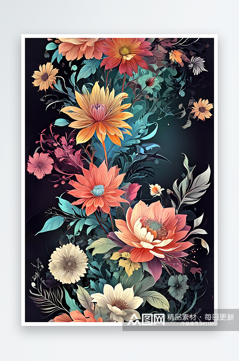数码复古彩色复杂花卉装饰抽象图形海报背景素材