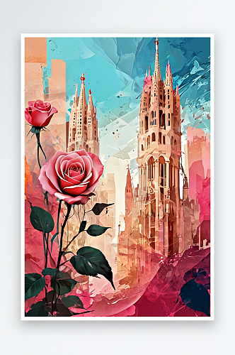 数码玫瑰色巴塞罗那插画抽象图形海报背景图