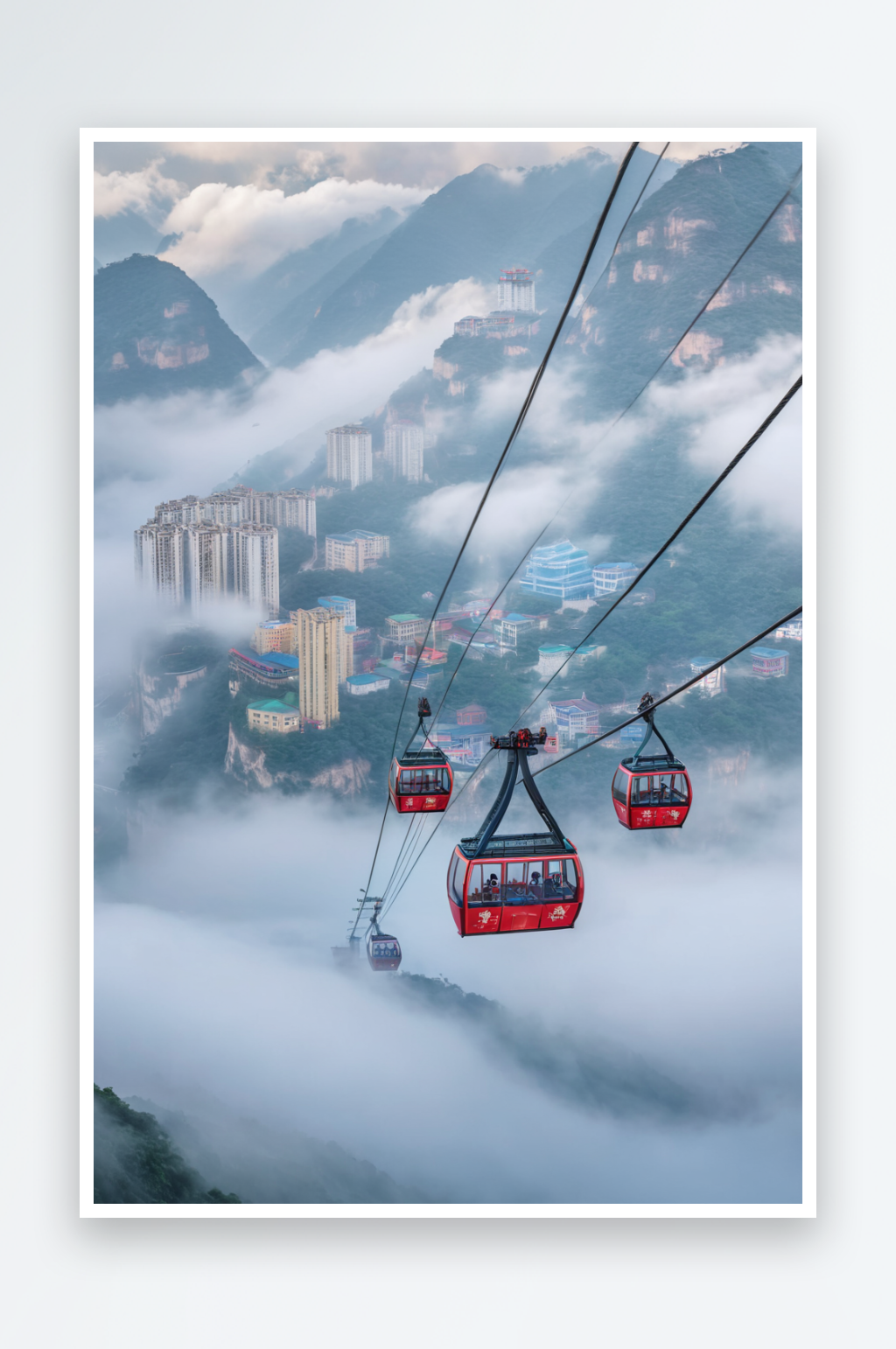 云雾下长江索道近景特写素材