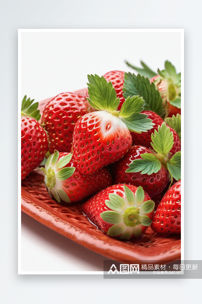 一盘带叶子草莓近景特写素材