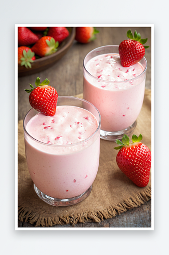 两杯草莓奶昔图近景特写