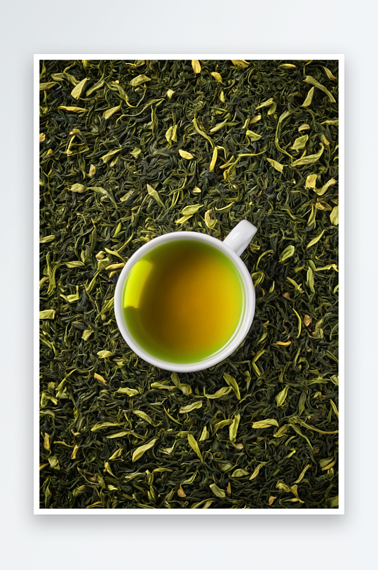 茶叶上一杯绿茶近景特写