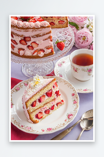 一杯茶一块草莓蛋糕