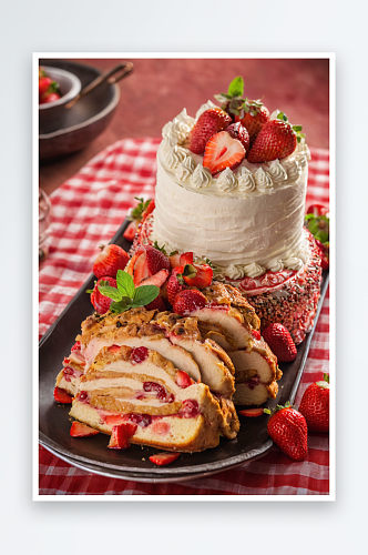 烤鸡草莓蛋糕摆桌上