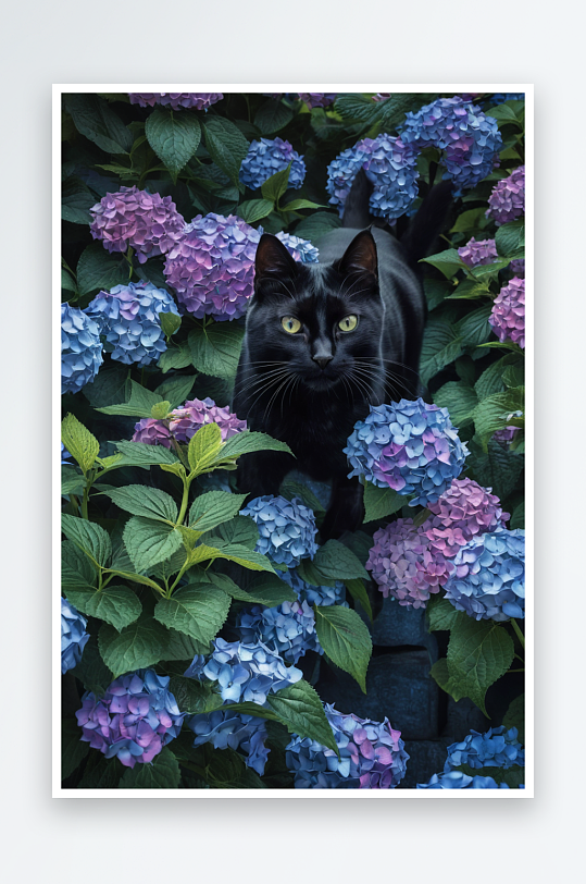 黑猫躲一束绣球花里