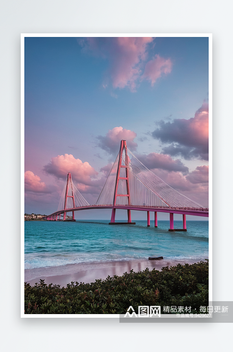 粉色天空下跨海大桥素材