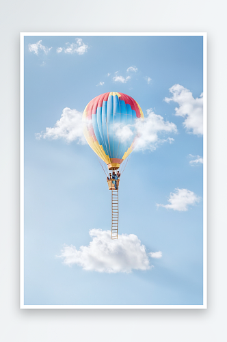 云朵上攀爬梯子想去热气球上微缩小人