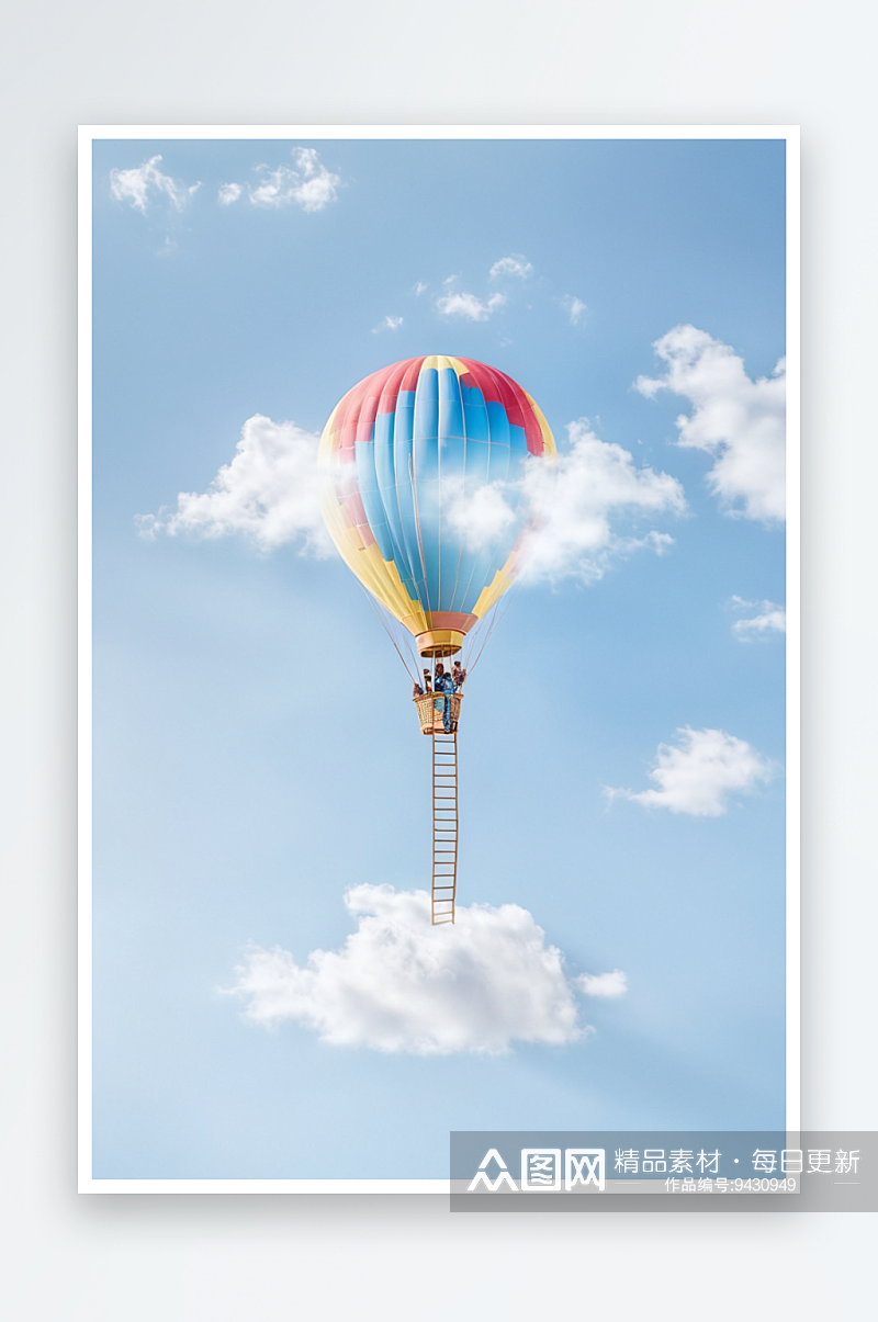 云朵上攀爬梯子想去热气球上微缩小人素材