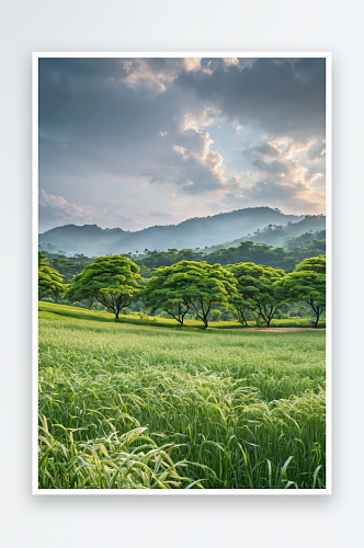 郁郁葱葱田野树木风景