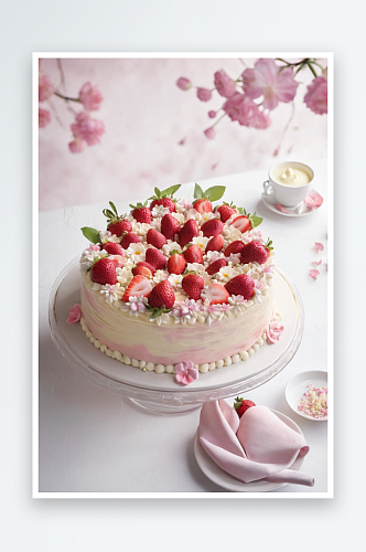 有白巧克力粉红色花朵小草莓蛋糕