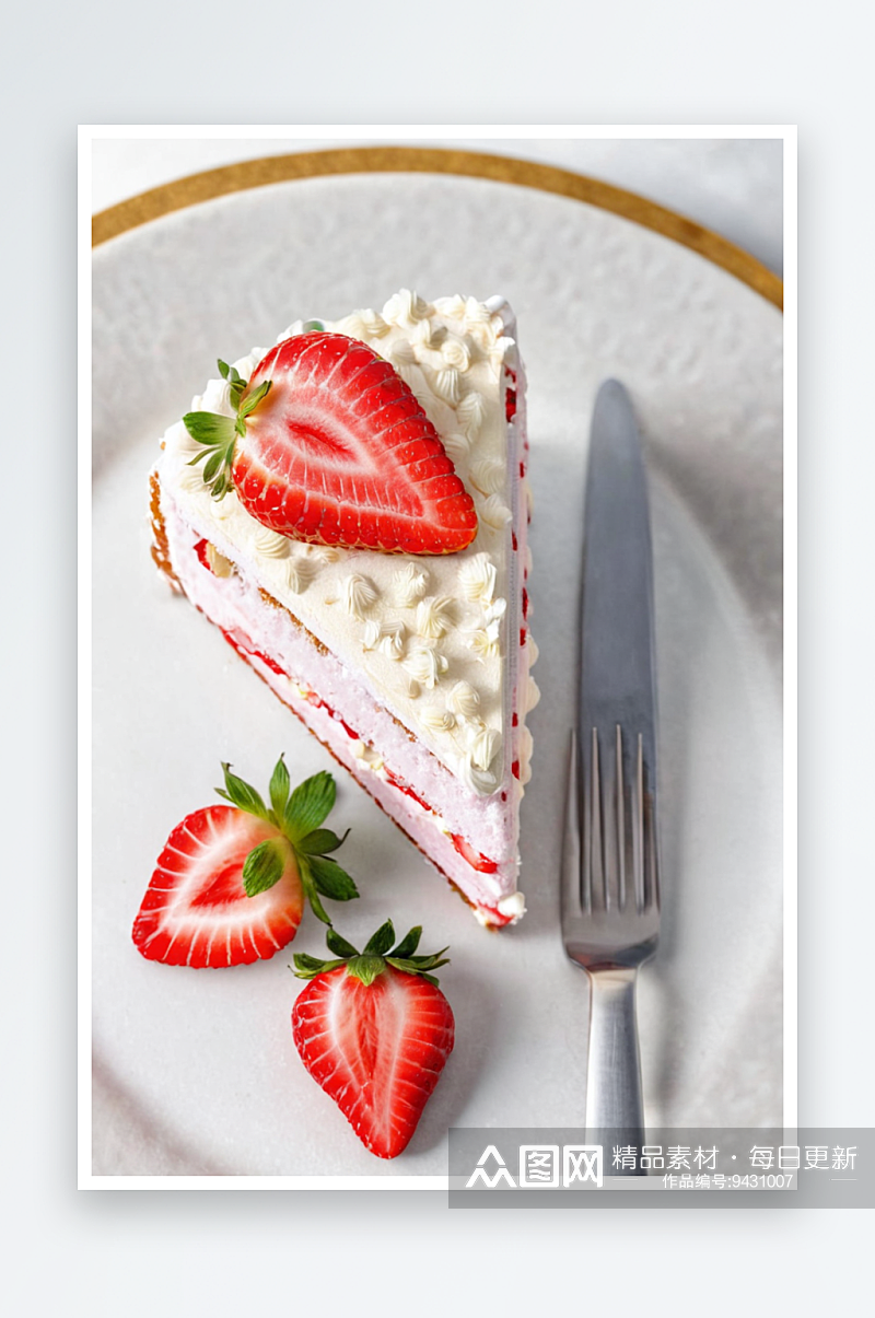 用稻草装饰灰色盘子上一片草莓蛋糕素材
