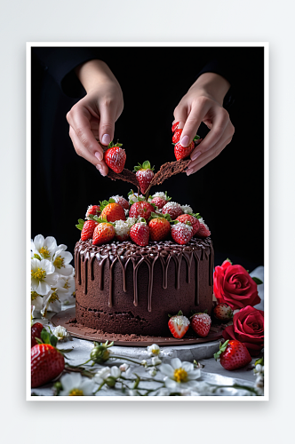用草莓鲜花装饰巧克力蛋糕