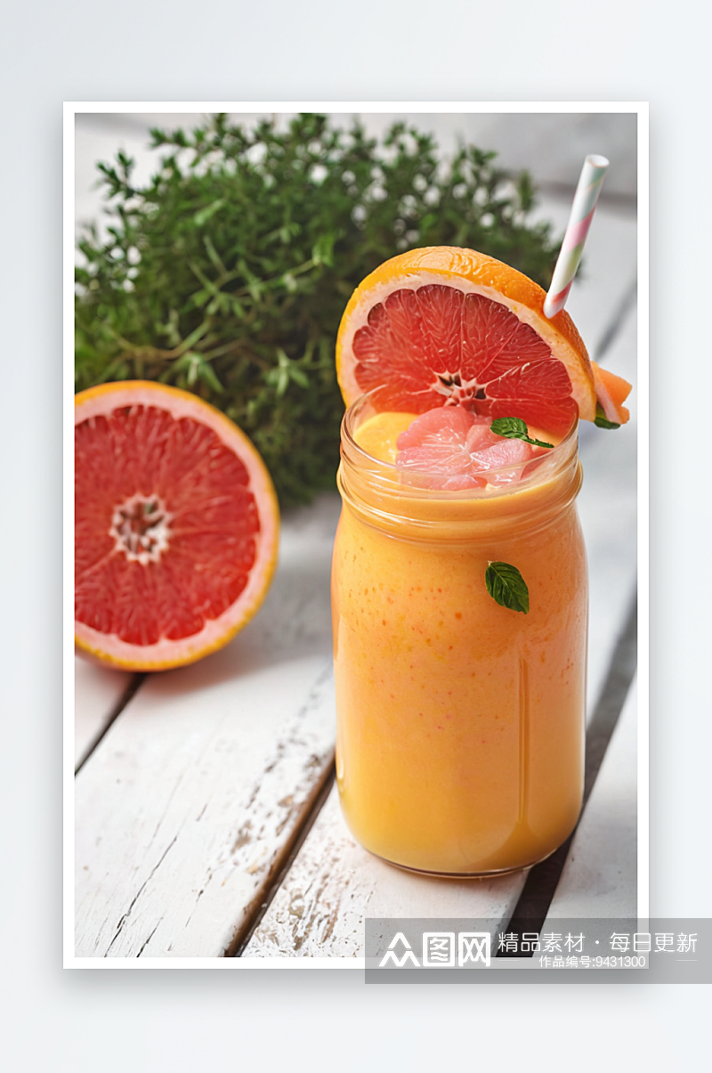 一杯含有粉红葡萄柚橙果百里香水果冰沙素材