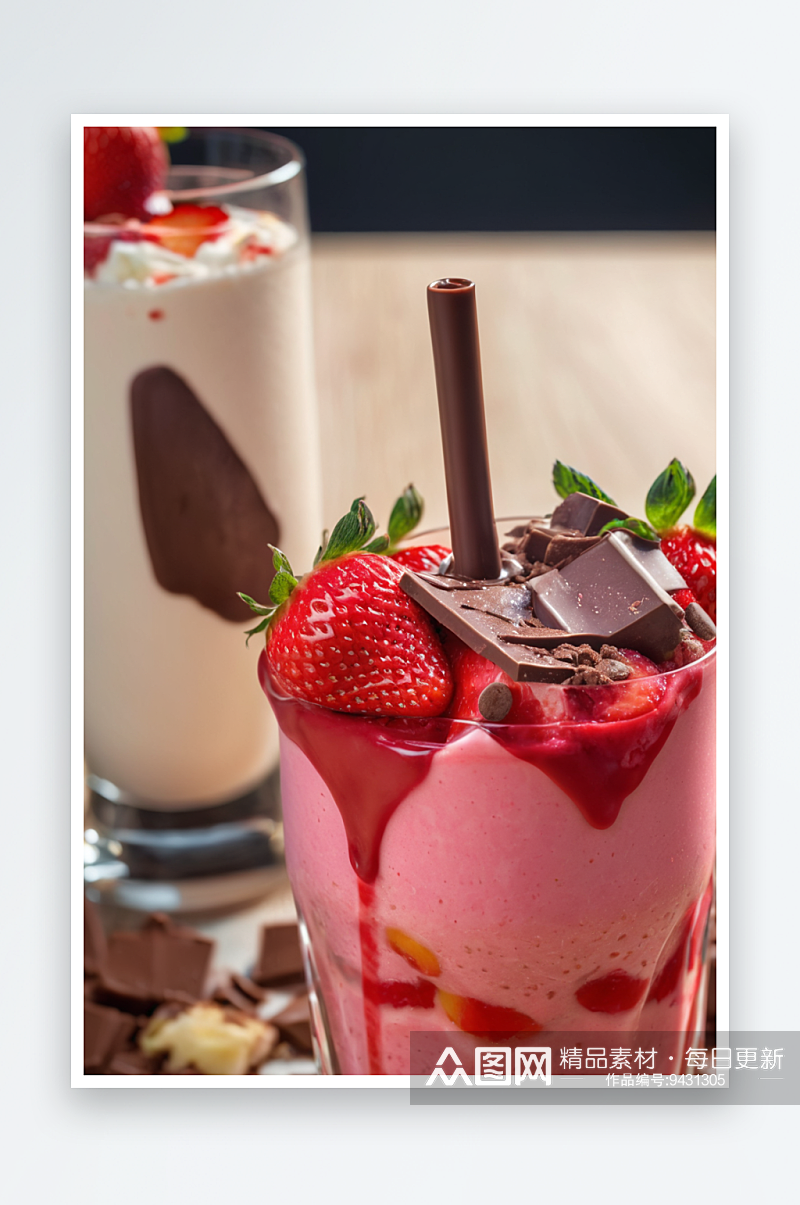 一杯粉色草莓奶昔配碎冰水果巧克力酱糖果片素材