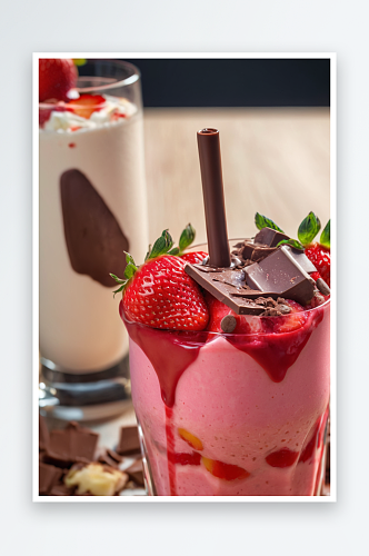 一杯粉色草莓奶昔配碎冰水果巧克力酱糖果片