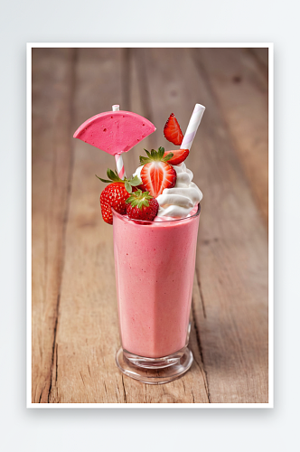 一杯草莓奶昔或奶昔配上新鲜水果经典地装饰