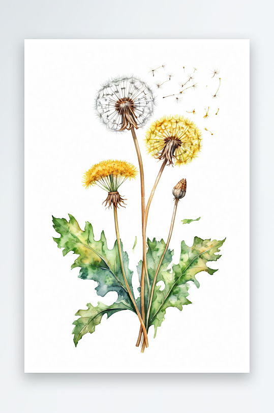 野生药用植物蒲公英花水彩手绘插图孤立白色