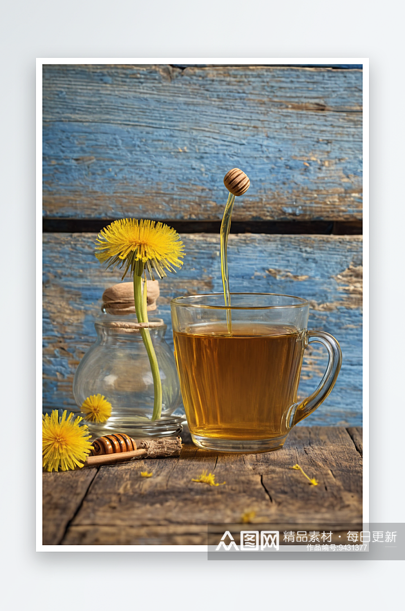 药茶从蒲公英玻璃杯与蜂蜜蒲公英对着蓝色乡素材