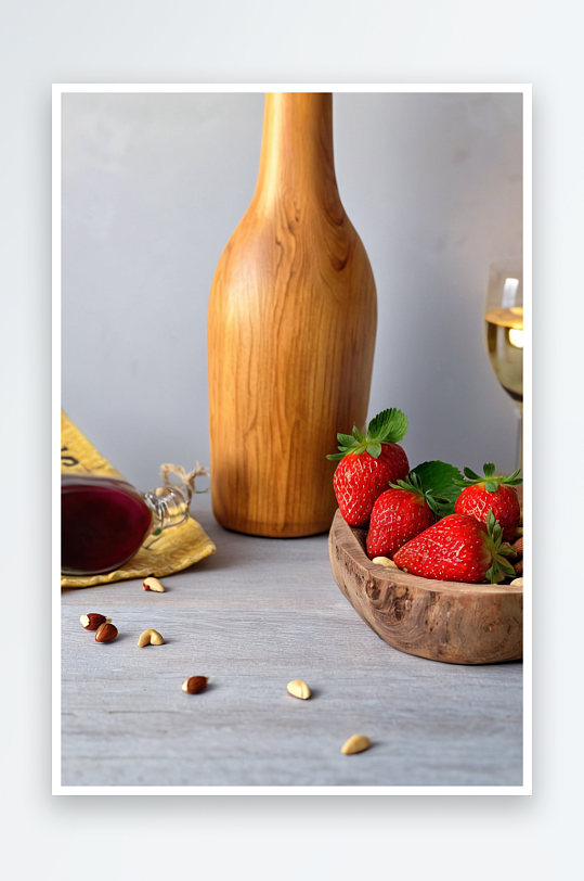 新鲜草莓一袋坚果放一个木制酒瓶旁边