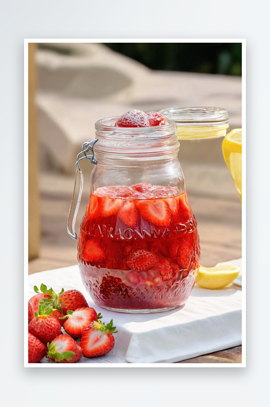 新鲜草莓蜜饯或柠檬水放桌上玻璃罐里