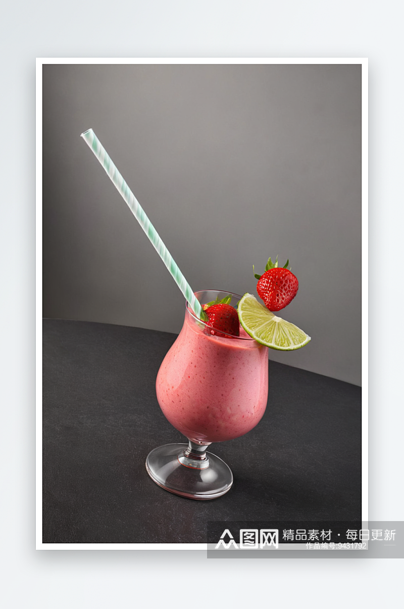 新鲜草莓冰沙鸡尾酒与有机酸橙樱桃片灰色背素材
