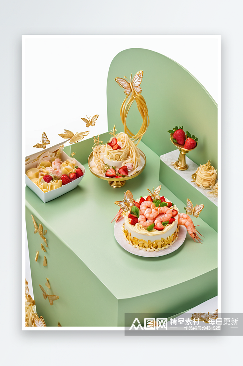 小厨房海鲜长寿面草莓蛋糕黄金蝴蝶虾生日套素材