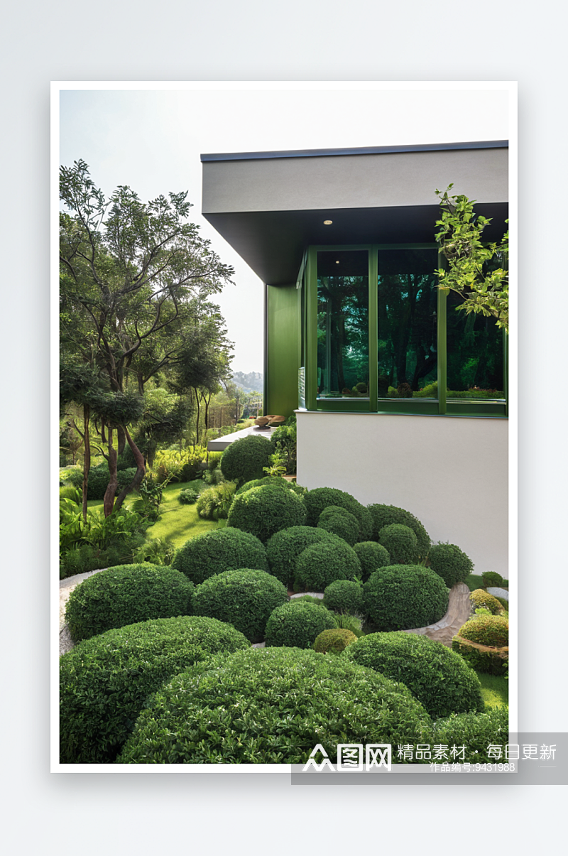现代别墅细节有花园绿色窗户房子素材